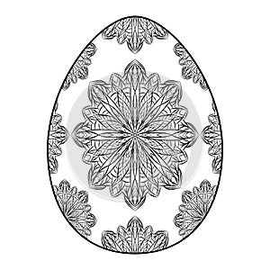 Hand drawn silhouette of Easter ornamental egg with pattern, curls, flowers, leaves. Decorative Easter holiday, floral spring egg