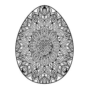 Hand drawn silhouette of Easter ornamental egg with pattern, curls, flowers, leaves. Decorative Easter holiday, floral spring egg