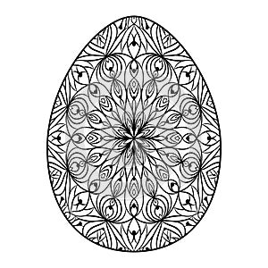 Hand drawn silhouette of Easter ornamental egg with pattern, curls, flowers, leaves. Decorative Easter holiday, floral spring egg