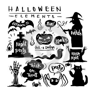 Hand drawn silhouette Happy Halloween and collection elements se