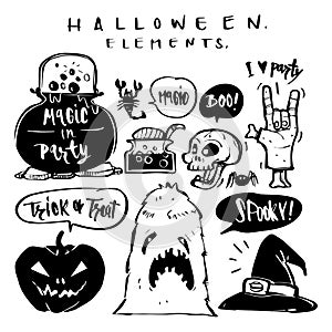 Hand drawn silhouette Happy Halloween and collection elements se