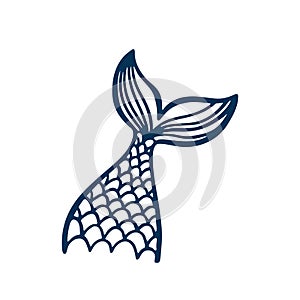 Hand drawn silhouette of mermaid's tail. Vector icon isolated