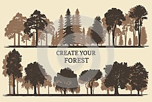 Hand drawn silhouettes of different trees. Create your own forest. Vector sketches of coniferous or deciduous woods.