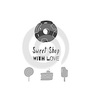 Hand drawn silhouettes. Sweet shop logo template for craft food packaging or brand identity