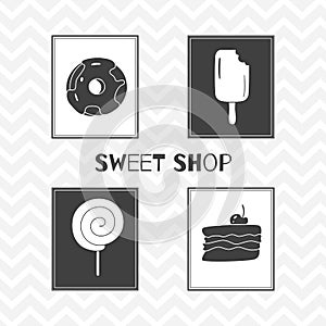 Hand drawn silhouettes. Sweet shop posters