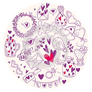 Hand-drawn simple doodle love and 14th february themed vector elements