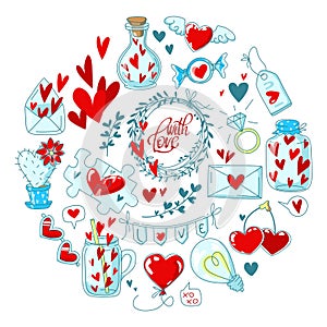 Hand-drawn simple doodle love and 14th february themed vector elements