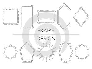 Hand drawn simple frames. Different shapes square, oval, circle, sun, rectangule, rhombus, polyhedron. Borders elements for any