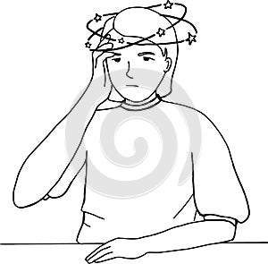 Hand drawn simple Illustration of a young girl with headache and dizziness
