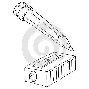 Hand drawn simple pencil with sharpener and eraser. Set of subjects for the school