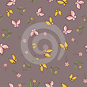 Hand drawn simple seamless pattern butterfly, flowers doodle . Vector illustration