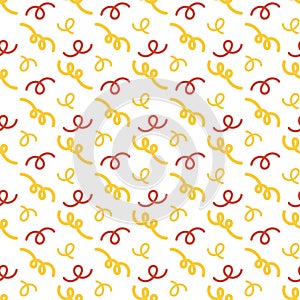 Hand drawn Simple seamless pattern with red and yellow serpentine and confetti. Christmas Vector for wrapping paper