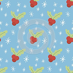 Hand drawn Simple seamless pattern with snowflakes and holly. Christmas Vector for wrapping paper, fabric print