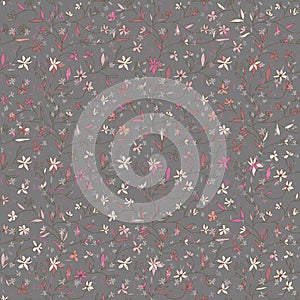 Hand drawn simple twigs with small softness pink flowers on gray background. Nature floral vector seamless pattern with cherry