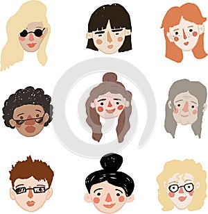 Hand drawn simple vector set of womens heads with different haircut, skin color, races and ages