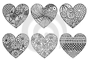Hand drawn six hearts zentangle style isolate on white