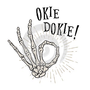 Hand drawn skeleton hand in Okay gesture. Flash tattoo, blackwork, sticker, patch or print design vector illustration