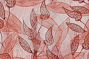 Hand drawn skeleton style transparent leaves Japanese style faded red, linen, texture unique fabric design pattern