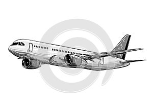 Hand drawn sketch of aircraft in gray color isolated on white background. Detailed vintage style drawing. Illustration