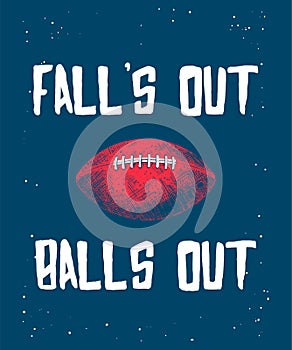 Hand drawn sketch of american football ball with modern typography on blue background. Detailed vintage etching style drawing.