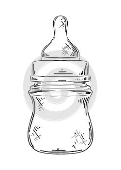 Hand drawn sketch of baby nipple bottle in black isolated on white background. Detailed vintage etching style drawing.