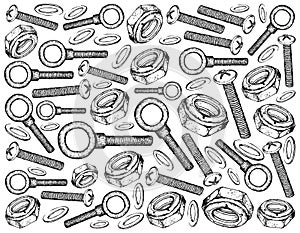 Hand Drawn Sketch Background of Screws and Nuts