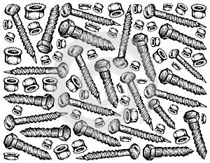 Hand Drawn Sketch Background of Screws and Nuts