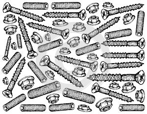 Hand Drawn Sketch Background of Screws and Nuts