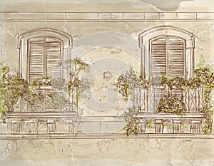 Hand-drawn sketch of balcony with plants on the terrace.