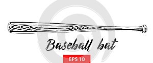 Hand drawn sketch of baseball bat in black isolated on white background. Detailed vintage etching style drawing.