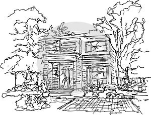 hand drawn sketch of beautiful modern detached house