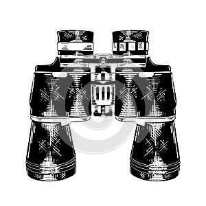 Hand drawn sketch of binoculars in black isolated on white background. Detailed vintage etching style drawing.