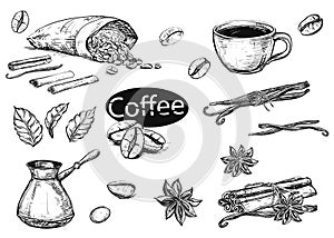 Hand drawn sketch black and white coffee set. Vector illustration of coffee cup, beans, leaf, branch, vanilla, turka
