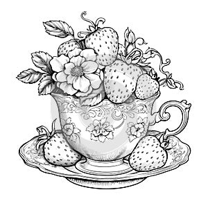 Hand drawn sketch black and white illustration cup of tea strawberry, leaf, berry, flower. Vector illustration. Elements
