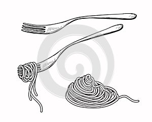 Hand drawn sketch black and white of pasta, spaghetti, fork. Vector illustration. Elements in graphic style label