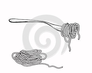 Hand drawn sketch black and white of pasta, spaghetti, fork. Vector illustration. Elements in graphic style label