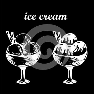 Hand Drawn sketch on Blackboard of two Ice Cream in Bowl with waffle rolls. Vintage Sketch. vector illustration
