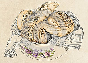 Hand drawn sketch of buns with poppy seeds. Vector illustration. Vintage style. photo