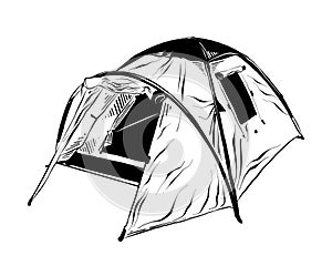 Hand drawn sketch of camping tent in black isolated on white background. Detailed vintage etching style drawing.