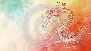 A hand-drawn sketch celebrates the Year of the Dragon in Chinese New Year 2024 on a watercolor background for a greeting