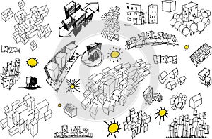 hand drawn sketch of city structures and architecture and urban ideas