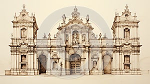 Hand Drawn Sketch Of Classic Baroque Architecture In 1800s Italy