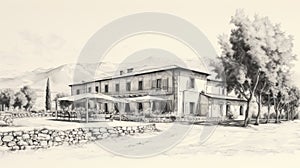 Hand-drawn Sketch Of Classic Bauhaus Architecture In Italian Wine Country