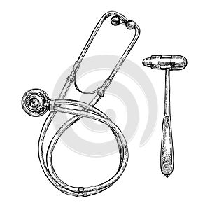 Hand-drawn sketch of Classic Stethoscope, neurological hammer and a phonendoscope.