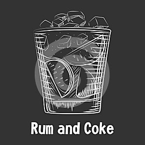 Hand drawn sketch cocktail Rum and Coke. Alcohol drink Rum background