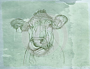 Hand drawn sketch of a cow on old paper background. Vector illustration.