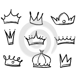 Hand drawn Sketch crown. Simple graffiti crowning, elegant queen or king crowns hand drawn. Royal imperial coronation symbols,