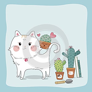 Hand drawn sketch cute cat and cactus in flower pot