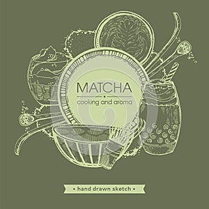 Hand-drawn sketch different matcha drinks and cookings.