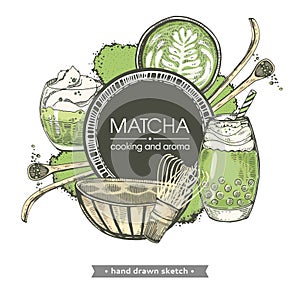 Hand-drawn sketch different matcha drinks and cookings.